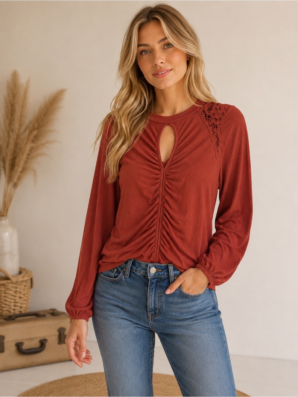 Daytrip Rust Orange Ruched Keyhole Long-Sleeve Top with Lace Detail